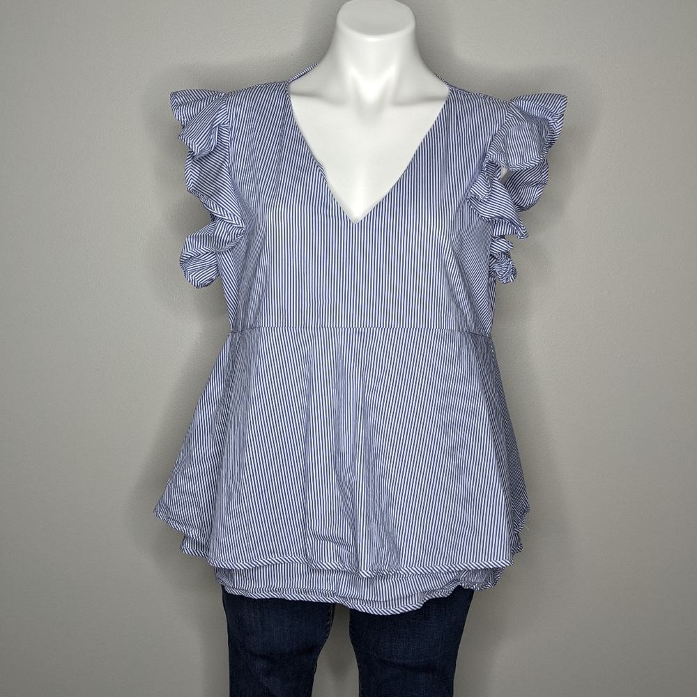 Vineyard Vines blue white striped v neck ruffle sleeve blouse L